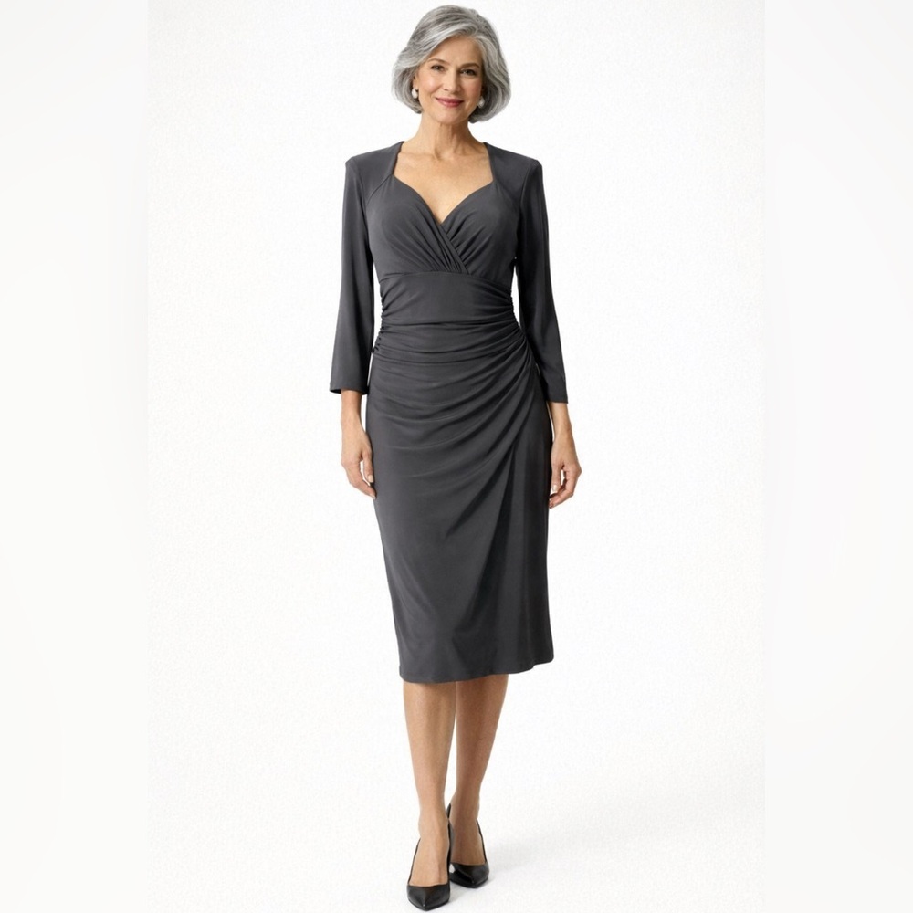 Ralph Lauren Dark Dress 8 Gray 3/4 Long Sleeve Stretch Sheath Washable Career